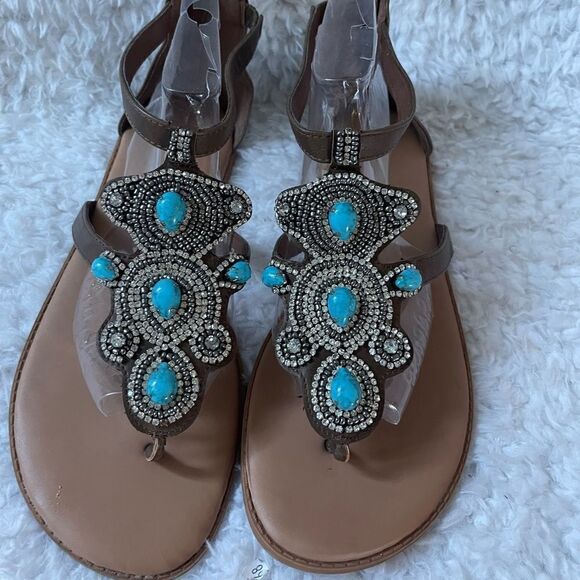 Torrid Brown T strap thong sandals turquoise & rhinestones accents size 13 - Picture 2 of 11